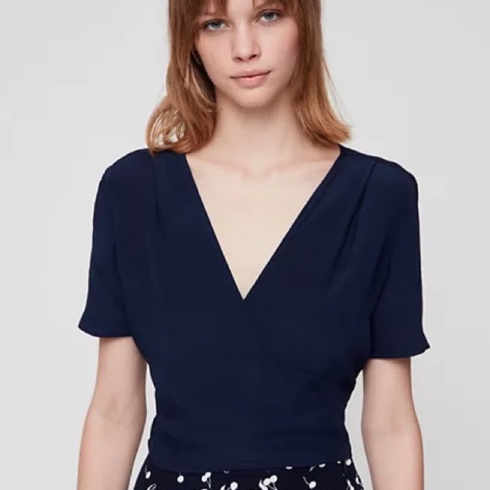 Aritzia Blue Flutter Sleeve Wrap Blouse